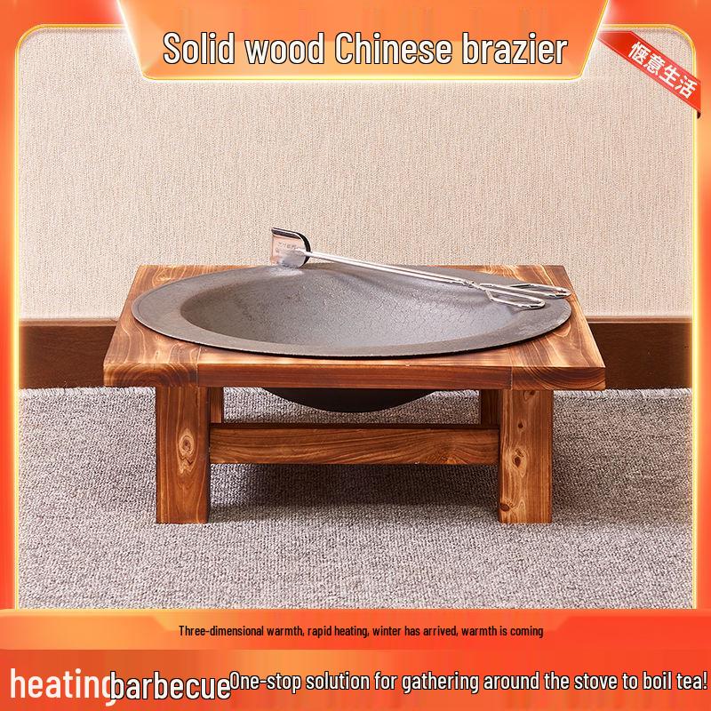 Solid Wood Cast Iron Charcoal Fire Pit Stove for Indoor Heating and Tea Boiling