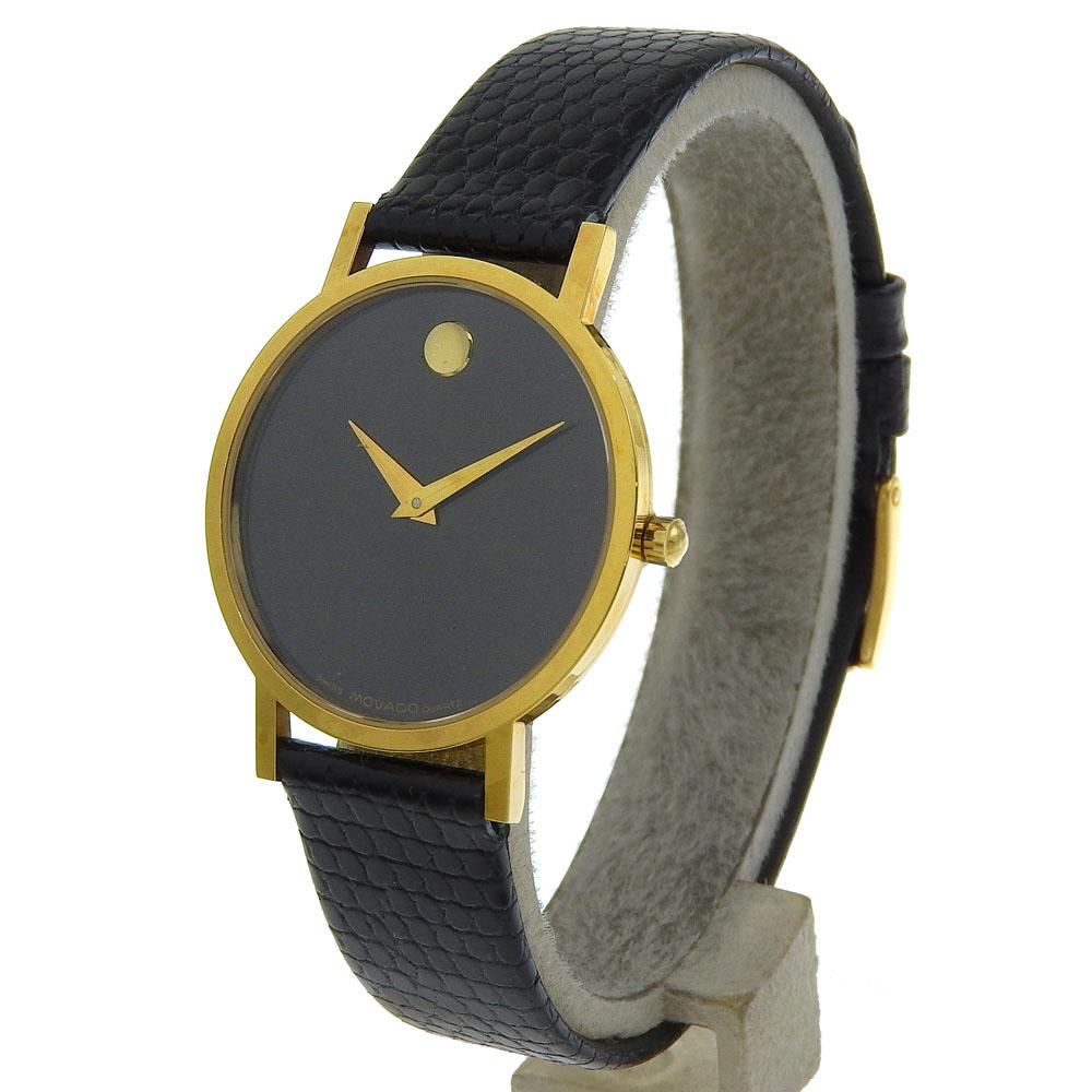 Movado Museum Watches 87.45.882 blackDial Plated Gold/Embossed Leather Quartz Analog display mens Used