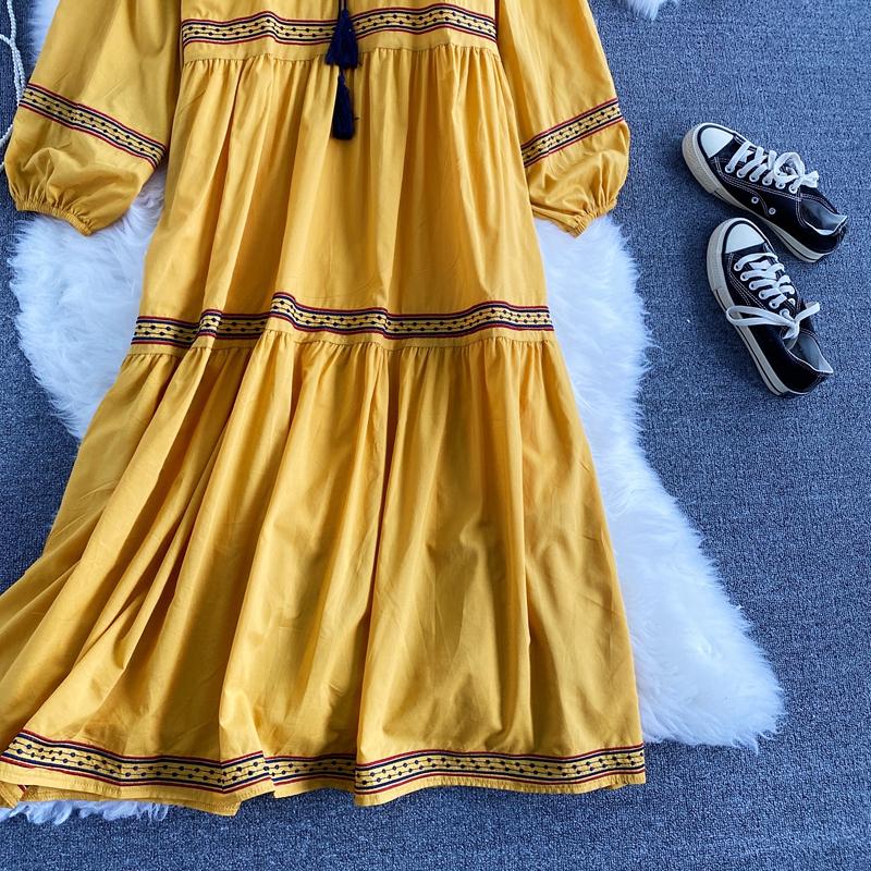 RUGOD Vestido largo con cordones y borlas con cuello en V y bordado étnico Retro para viajes y vacaciones vestido largo de temperamento de moda de manga larga