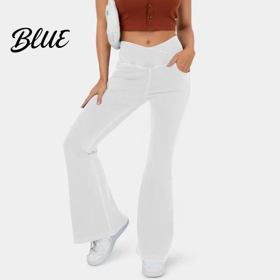 Women Casual Style Trousers High Waist Denim Pants Slightly Slim Fit Elegant Flared Jeans Pockets Cross Waistband Streetwear Comfortable