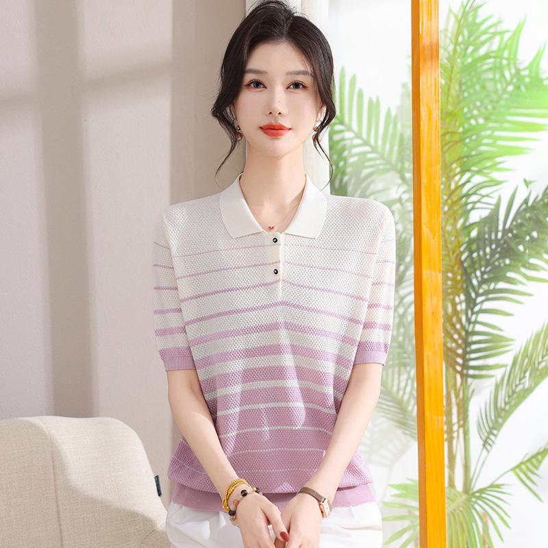 

2026 Summer Fashion: Short-Sleeve Knitted Striped Lapel Top for Middle-Aged & Elderly Women in Ice Silk 3XL (120-135 jin)