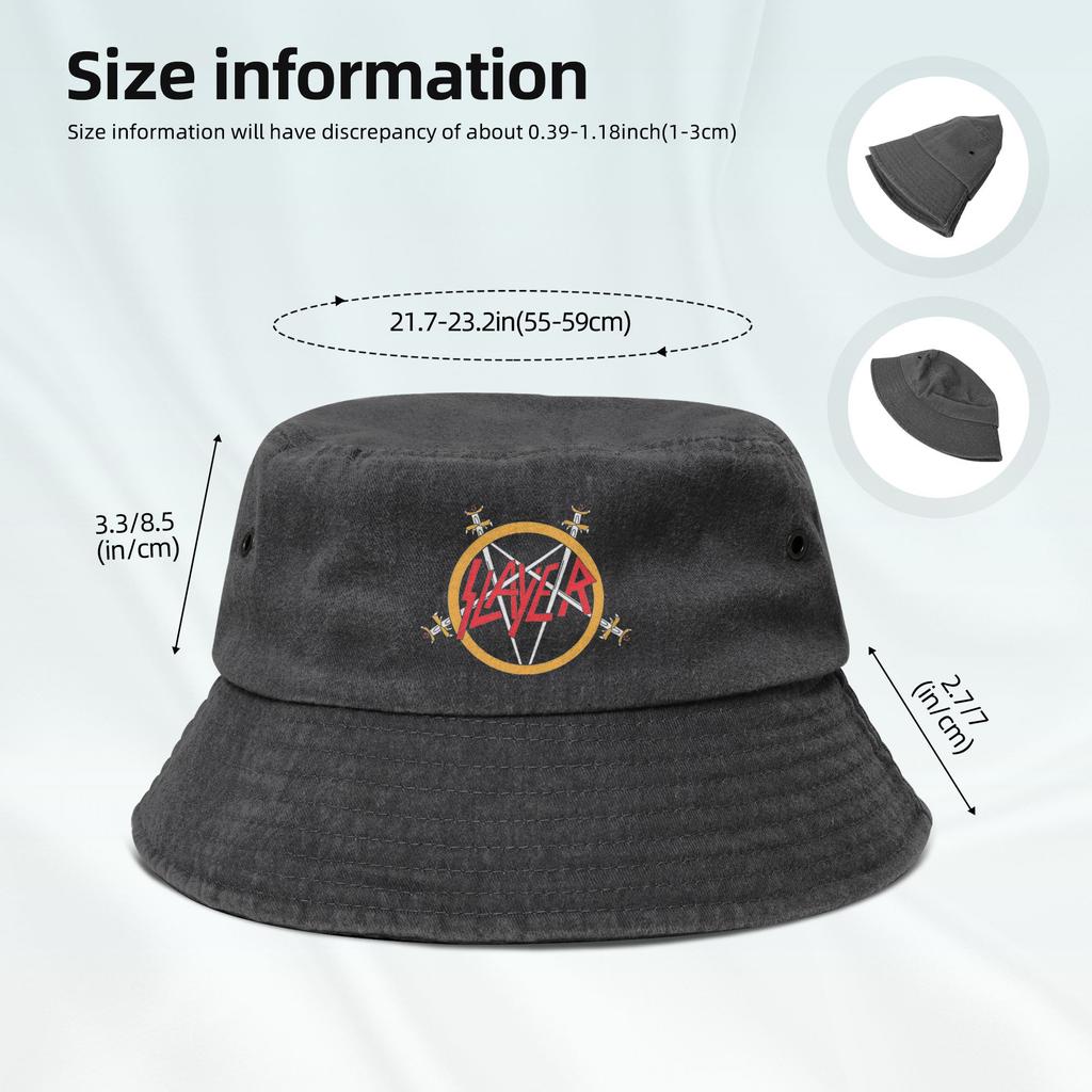 Cappello a secchiello pesante della band Slayer per ragazza Vocation Denim metallico invecchiato Lavato Cappello a tesa larga per la pesca Cappelli da pescatore Cappello a tesa corta