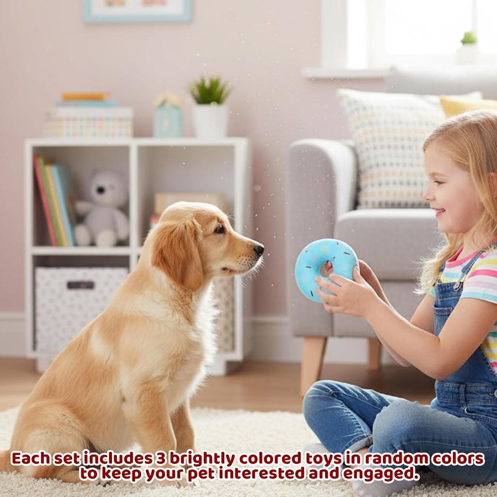 Donut Dog Toy, 3 Pack Puppy Squeaky Toys for Dogs, Dog Donut Toy Set with Blue, Pink and Brown Colors, Chew Resistant Dog Toy Donut for Small and