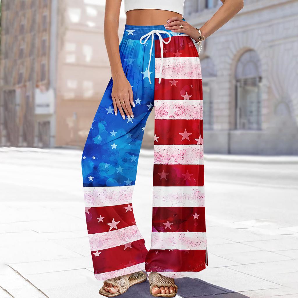 Damen Sommer Boho Palazzo Hose Hohe Taille Weites Bein Independence Printing Freizeithose mit Taschen