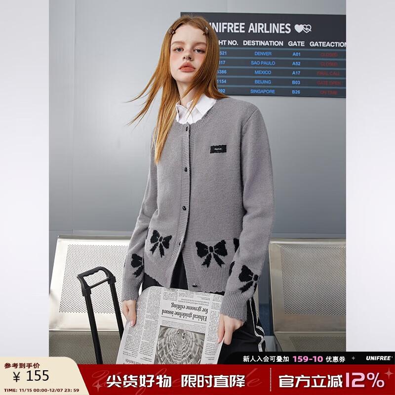 

UNIFREE Sweet Bowknot Jacquard Knitted Cardigan L