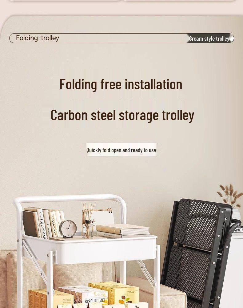 Compact Folding Carbon Steel Storage Cart for Kitchen or Bedroom