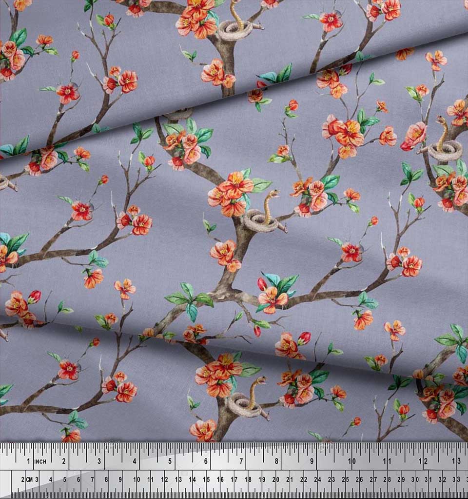 Soimoi Japonská krepová saténová látka Had, listy a květy, květinový potisk v metrech 42 palců