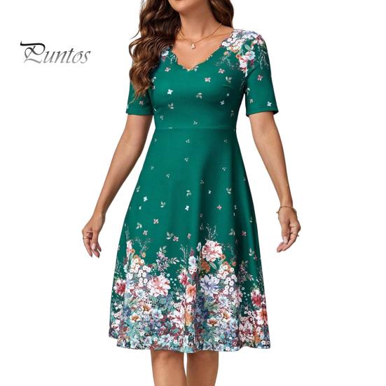 

Летнее женское платье трапециевидной формы с цветочным принтом, свободный подол, короткие рукава, волнистый V-образный вырез, высокая талия, длина до колена, вечеринка, свидание, шоппинг, платье миди M зелёный