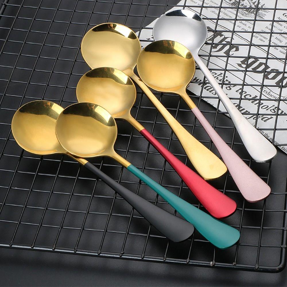 1Pcs Round Stainless Steel Soup Spoons 17cm Tableware Stirring Spoon Coffee Dishwasher Kitchen Tool for Dessert Coffee