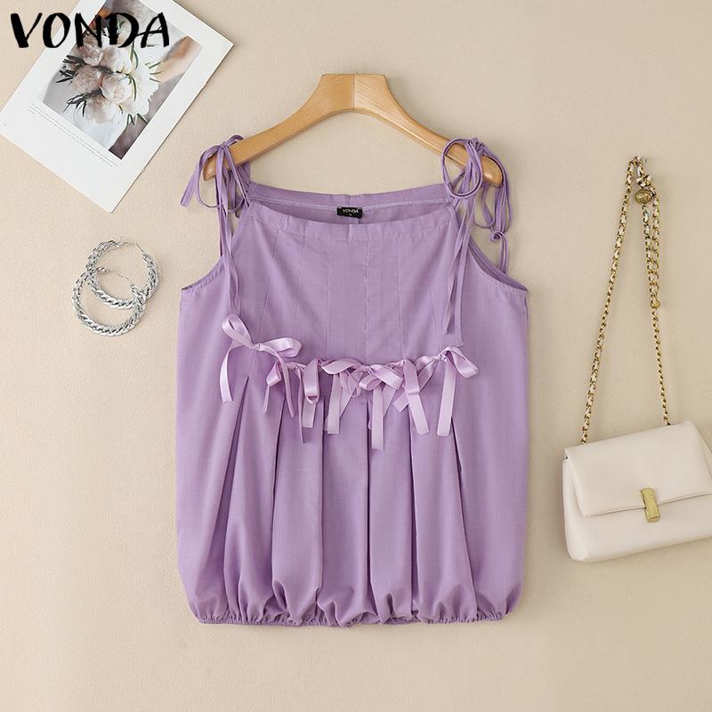 VONDA Women Summer Strap Sleeveless Bow Knot Pleated Casual Tank Tops