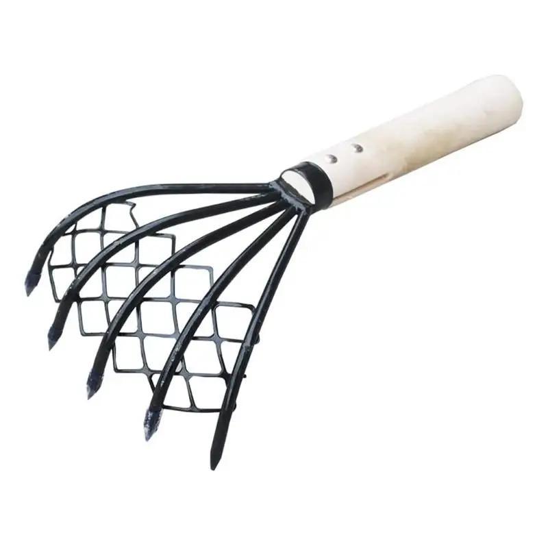 1PC Sturdy Compact Claw Rake with Mesh Net 5-Tine Clamming Claws Long Handled for Shell Clam Digger 15 Inch Hand Rake
