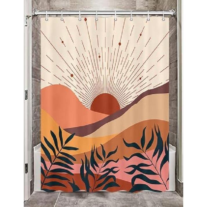 Boho Shower Curtain, Orange Bohemian Mid Century Modern Shower Curtain, Abstract Blue Leaves Plant Grey Minimalist Bathroom Decor Bath Curtain