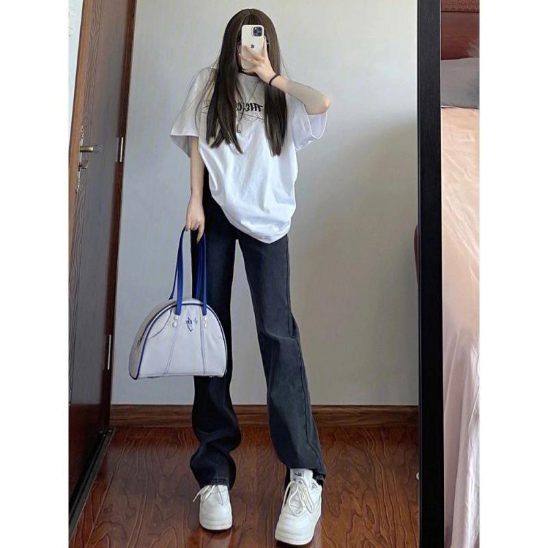 

Черные джинсы женские весна лето красотки высокая талия тонкие маленькие прямые моппинг длинные брюки прилив 2XL recommends 125-70kg чёрный