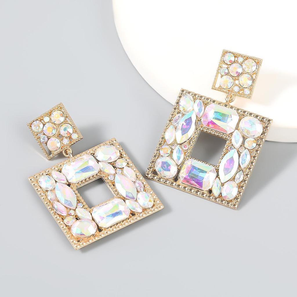 European & American Fashion Multilayer Colored Diamond Square Earrings