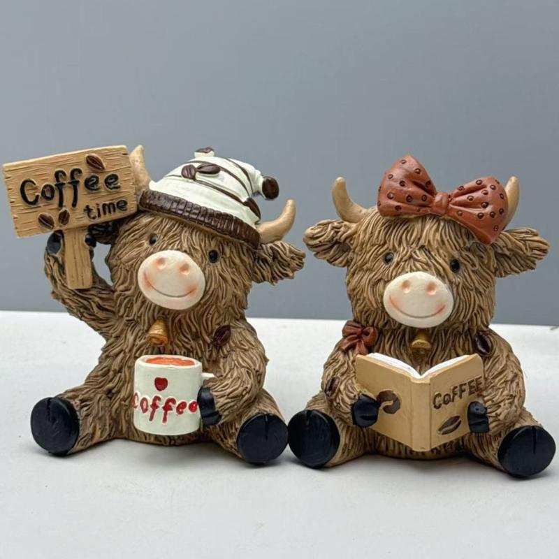 Coffee Highlands Cow Figurines Farmhouse Decors,Resins Animal Statue Table Ornament Garden Bookshelfs Decors Calf Lover