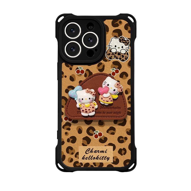 Leopard Print Kt Cat Bracket Is Suitable for Apple 16promax Mobile Phone Case Iphone14 Soft Silicone 15 Four-corner Lanyard 13.