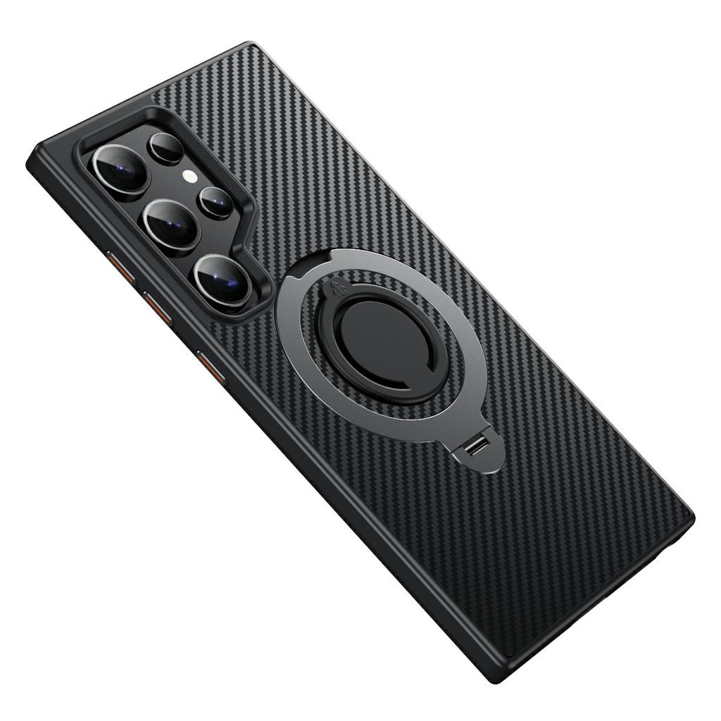 For Samsung Galaxy S24 Ultra Magnetic Case Kickstand Carbon Fiber Texture PC + TPU Back Cover with Silicone Ring