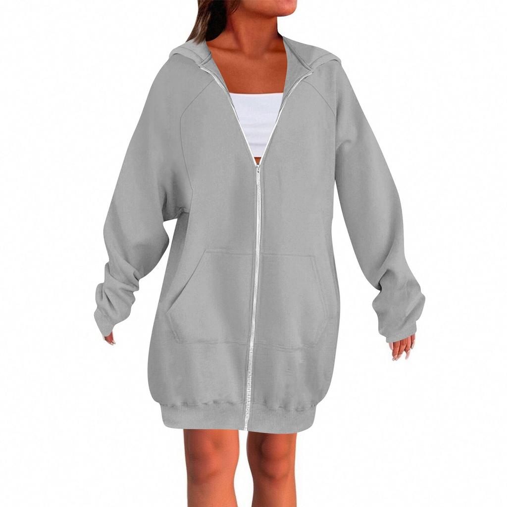 Women's Solid Color Zippered Sweatshirt Top Daily Casual Raglan Long Jacket (Without Hood Drawstring)