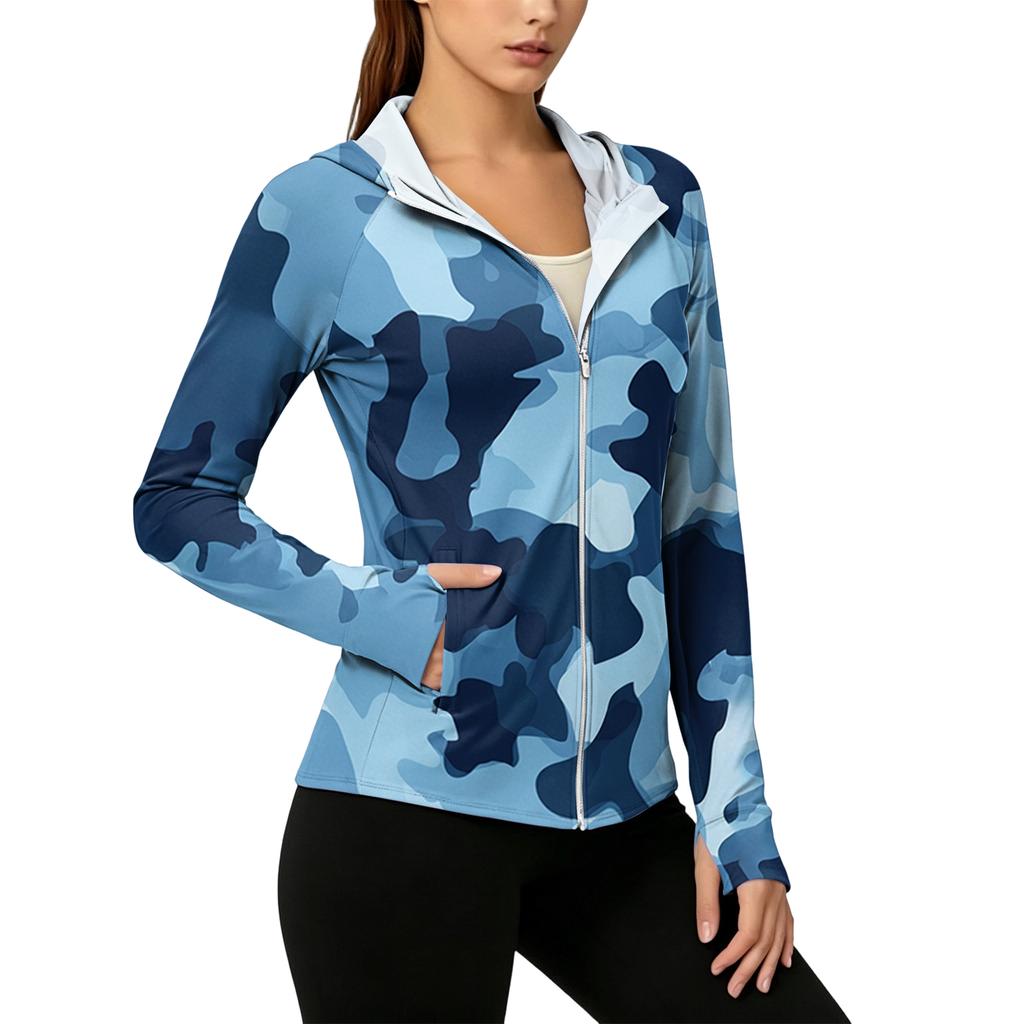 Womens Zip Up Hoodie Lightweight Long Sleeve Camouflage Print Sun Protection Jacket with Hood and Pockets for Outdoor Activities