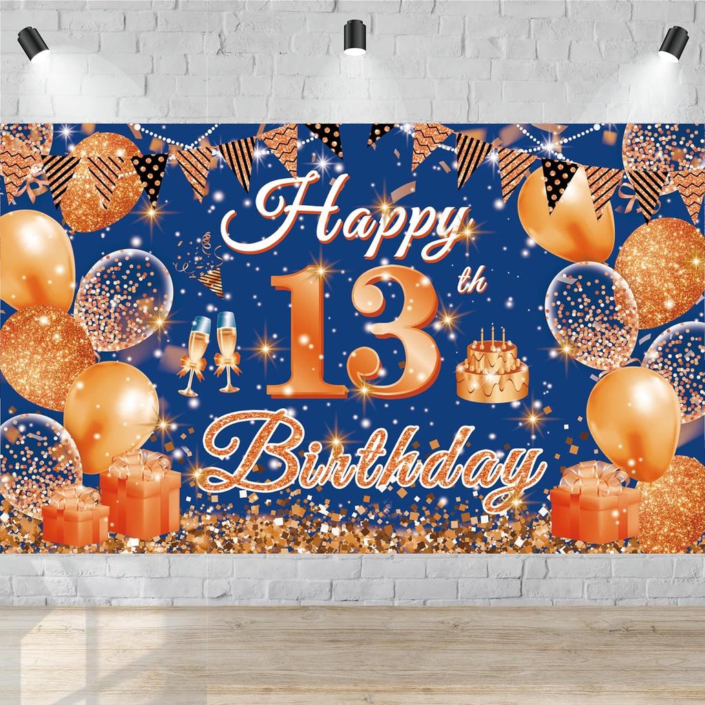 Large Happy 10th Birthday Banner Blue and Orange Ten Birthday Party Decorations Blue Orange 10 Year Old Backdrop Décor Supplies for Boys Girls