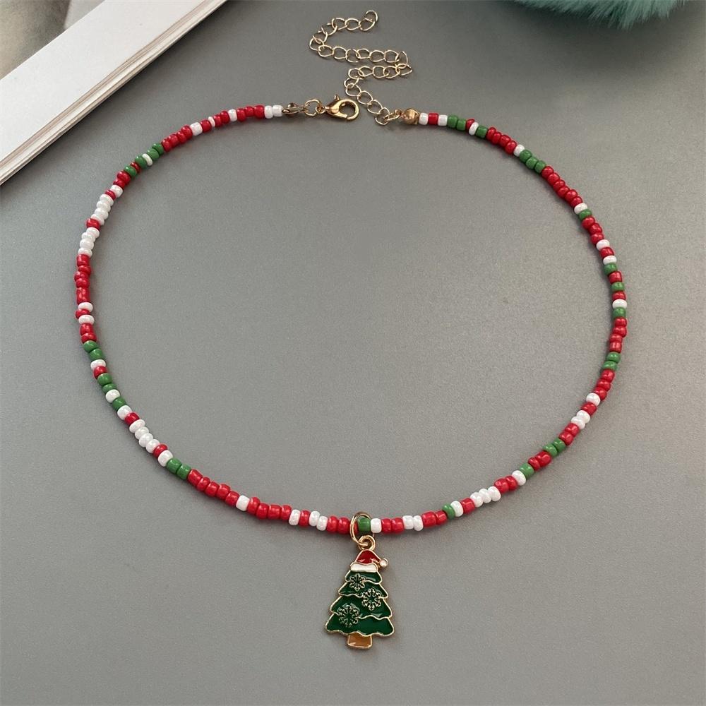 Christmas Necklaces for Women Girls Handmade Rice Beads X'mas Tree Santa Claus Snowman Gift Necklace Pendant New Year Jewelry