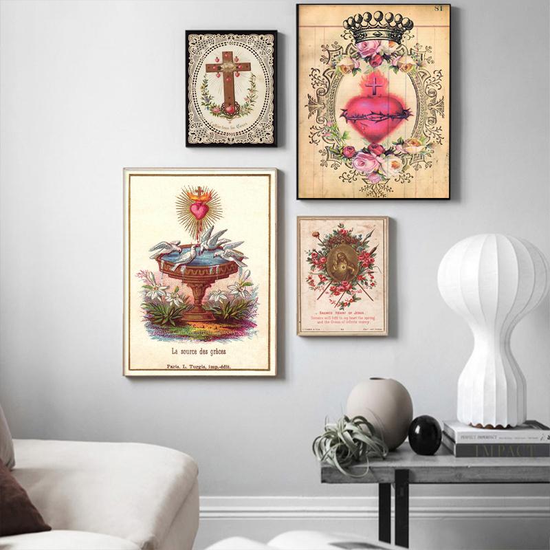 Vintage Sacred Heart of Jesus Poster Abstract Religion Canvas Painting Retro Flower Wall Art Picture For Home Decoration