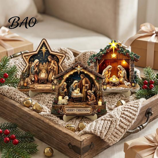 Christmas Manger Tabletop Ornaments Nativity Scene Wooden Sign, Holy Family Figurine Decor, Handcrafted Wood Figurines Religious Xmas Desktop