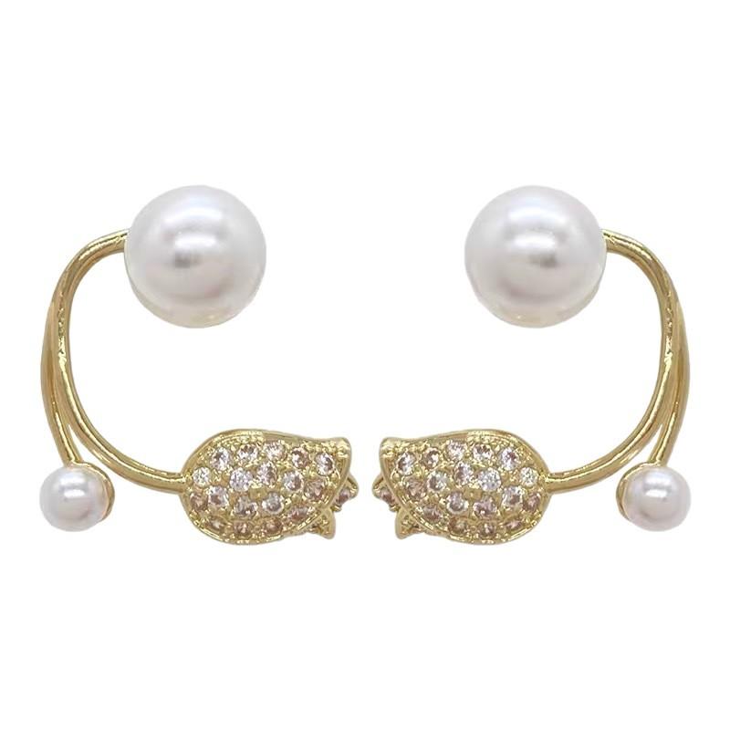 Tulip Flower Earrings Sweet Fashionable and High-end Pearl Earrings Retro Temperament Simple Earrings