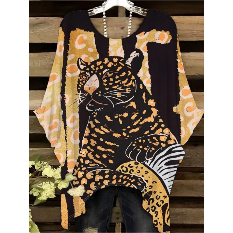 Camiseta de Mujer Moda Leopardo Impresión 3D Tops Verano Sexy Cuello Redondo Manga Corta Camiseta Calle Casual Holgada Ropa de Mujer