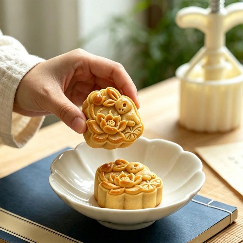 Lotuses Rabbit Moon Cake Molds 50G Manual Press Set, Plastic Pastry Shaping Tool for Pattern Dessert, Home Baking, and DIY Pastry Projects