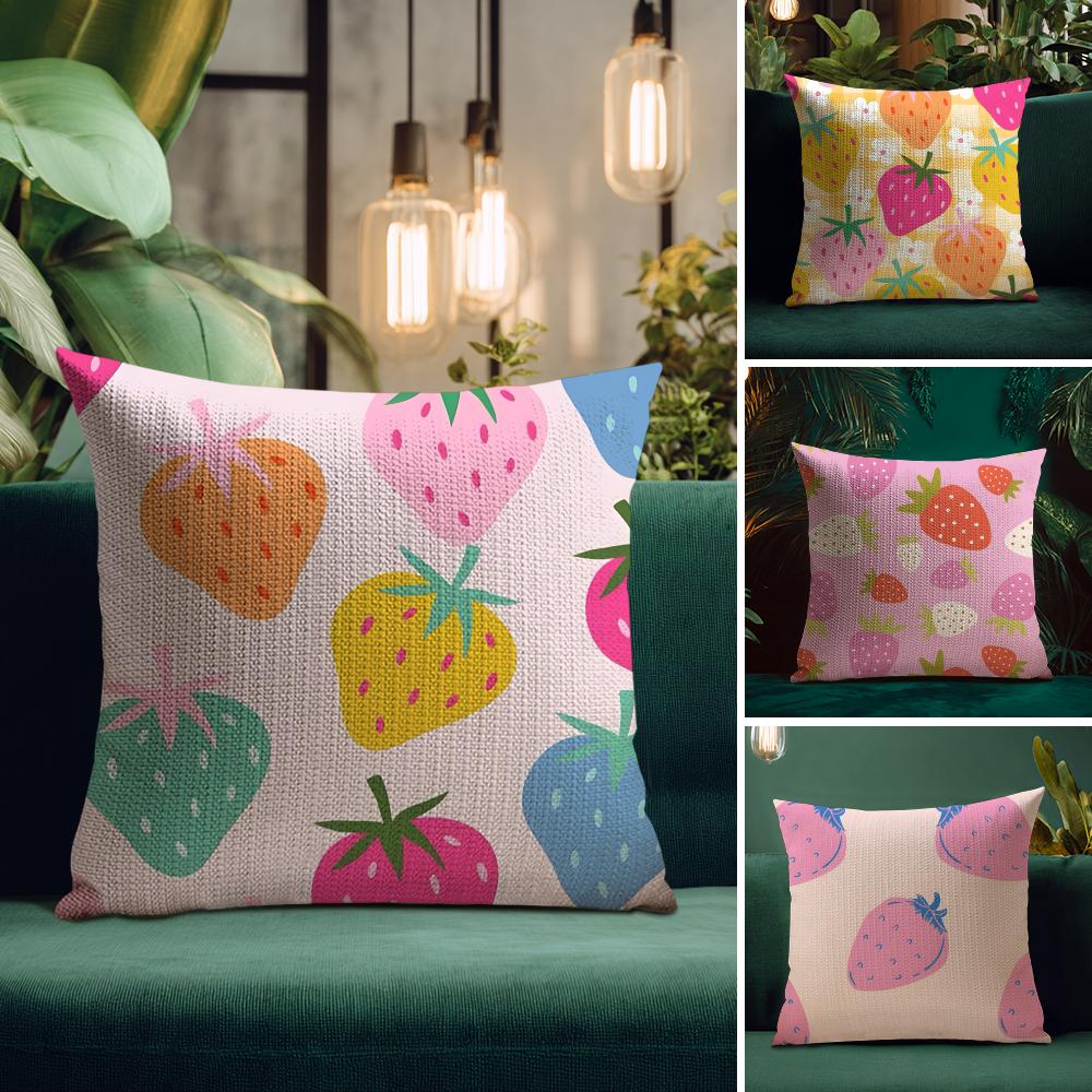 Strawberry Colorful Cushion Cover Natural Linen Pillow Case DoubleSided Print Decorative Sofa Pillowcase Home Decor Gift
