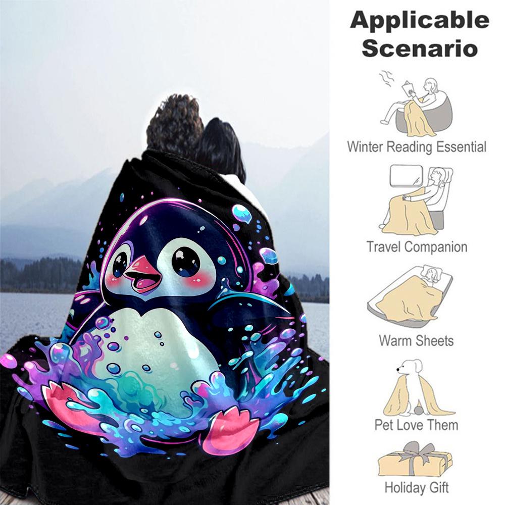 1pc Penguin Splash Flannel Blanket, Comfortable and Warm Blanket, for Camping Sofa Bed and Couch Office022