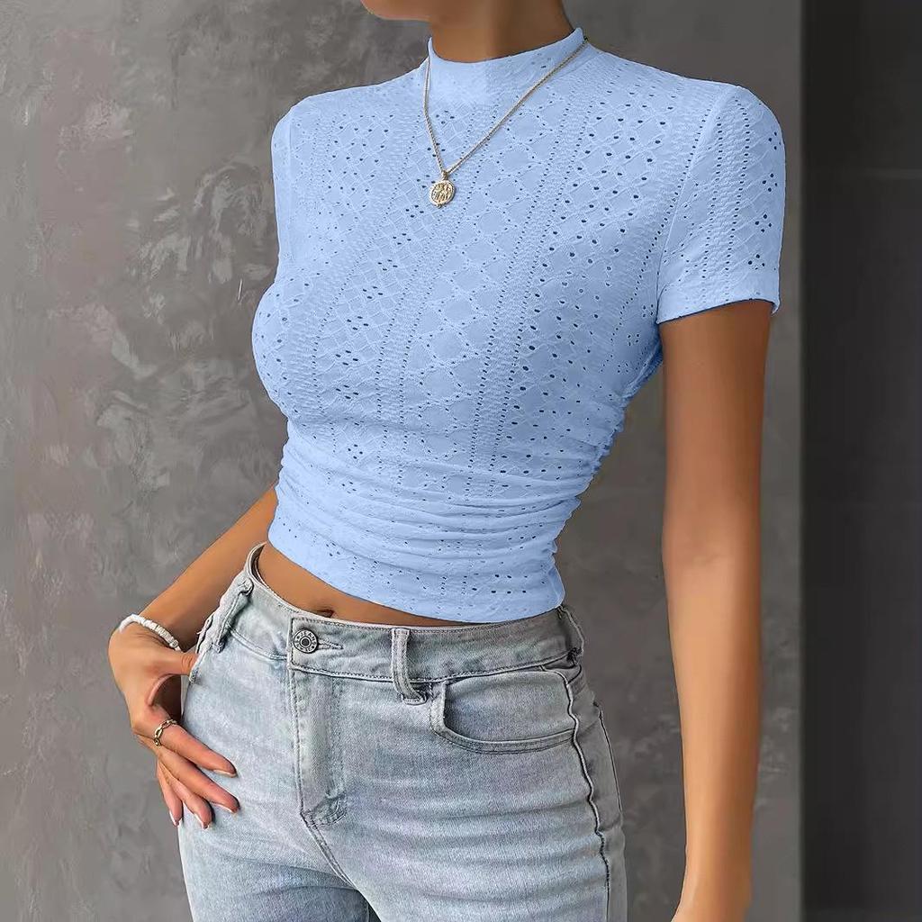 2024 Short Sleeve Pleated Round Neck Knit Cropped Slim Fit T-shirt for Europe and America