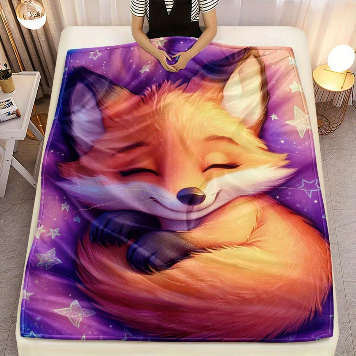 Sleeping fox animal print flannel blanket cozy soft throw blanket cute animal design bedroom decor gift for animal lovers Size: 75*100cm, Weight: 230 GSM