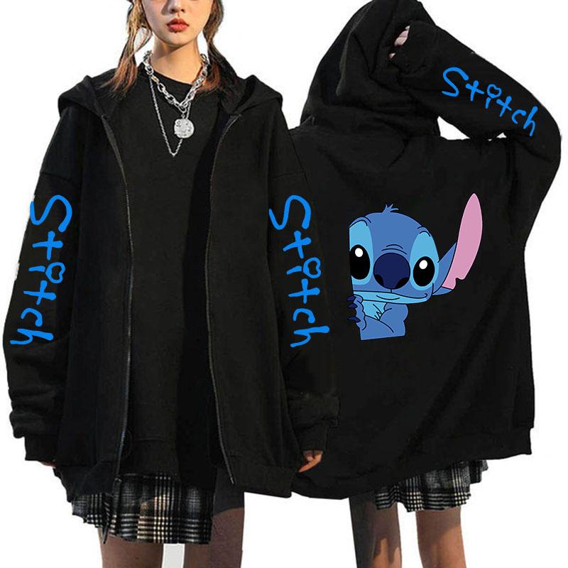 Oversized Y2k Zip-up Hettegenser Disney Dame Lilo & Stitch Kostyme Vinterklær Dame Langermet Varm Jakke Zip-up Street Topper