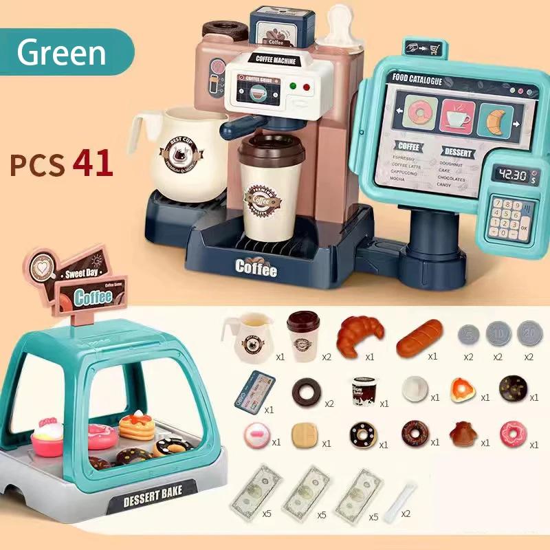 Non-Toxic 3 In 1 Coffee Machine Toy Set Kitchen Toys Simulation Food Bread Coffee Cake Pretend Play Shopping Cash Register Toys For Kids
