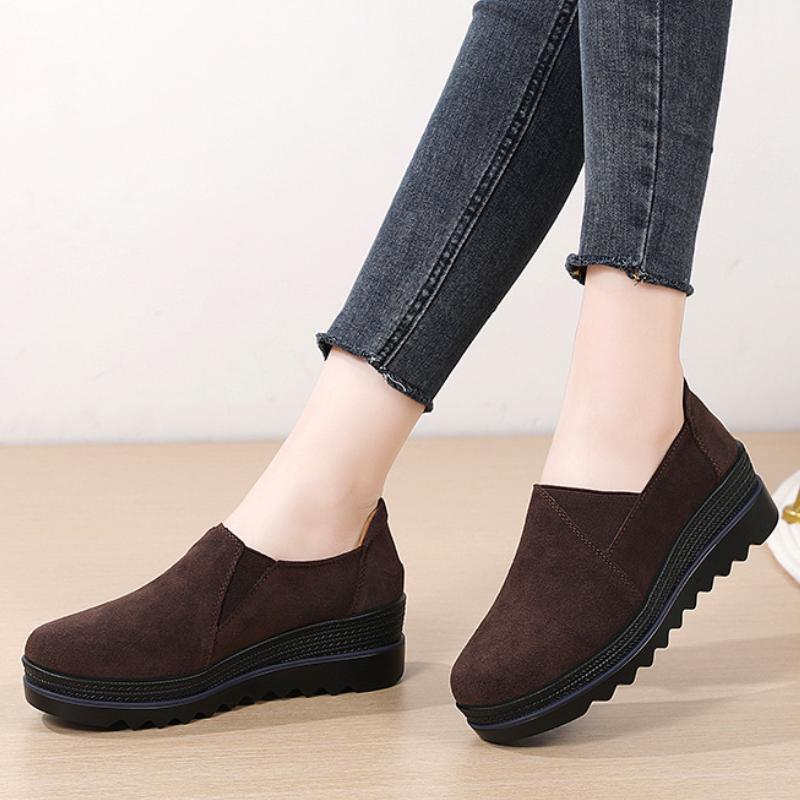 Rutschfeste Damen Plateau Schuhe Mode Kuhveloursleder Keilabsätze Slipper Loafer Freizeitschuhe