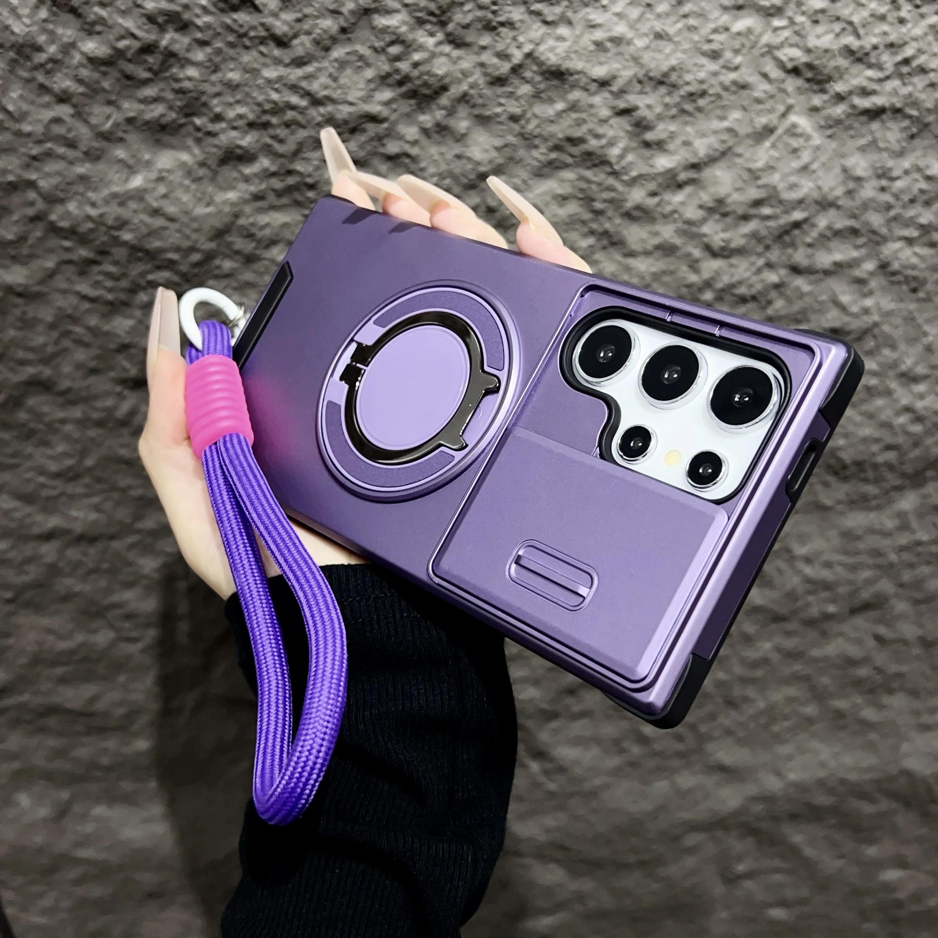 

Чехол Armor Magnetic Bracket Case для Samsung Galaxy S25 S24 S23 S22 S21 Ultra Plus с выдвижным шнурком для камеры, защитный противоударный чехол For Galaxy S25 фиолетовый