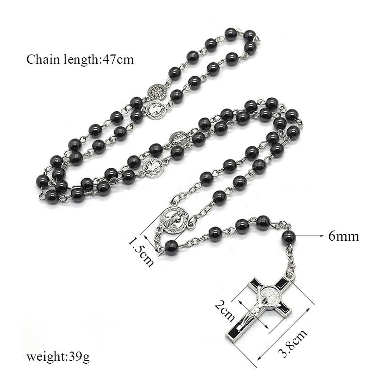 Retro Religion Belief Catholic Cross St. Benedict Black Gallstone Prayer Rosary Pendant Necklace Men Accessories Jewelry Gift
