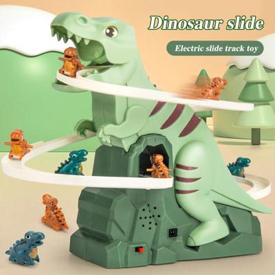 Elektrikli Dinozor Pisti Kaydırak Oyuncak Işık Müzikli Karikatür Dino Otomatik Merdiven Tırmanma Roller Coaster Kaydıraklı Pisti Oyuncak Yürümeye Başlayan Çocuklar Erkek Kız Hediye