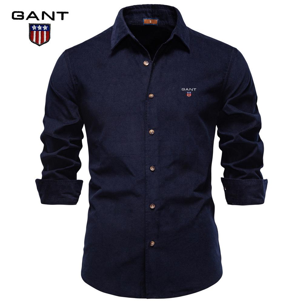 Gant Pánská manšestrová košile z čisté bavlny s klopovým límcem, business casual košile s dlouhým rukávem, novinka podzim a zima 2025 s výšivkou