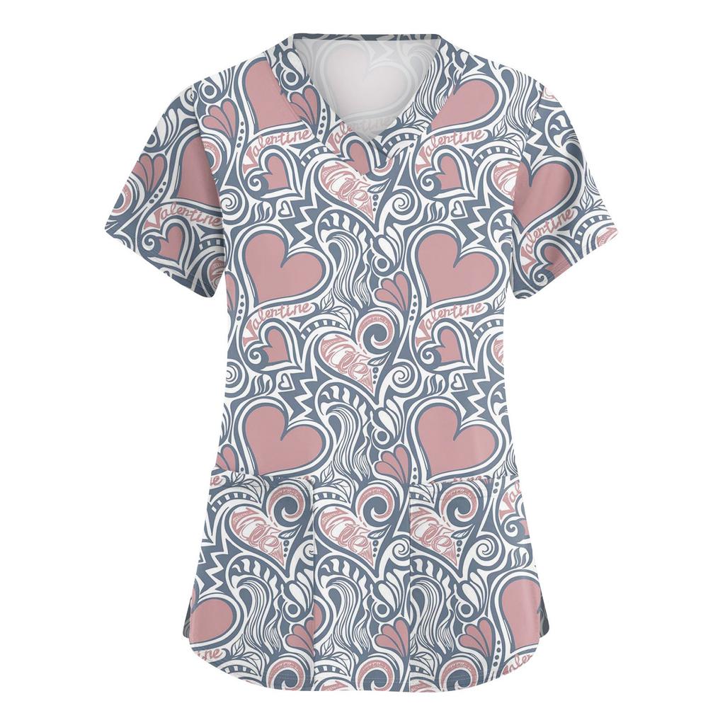 Women's Cute Bow Printed Work Clothes V-neck Double Layer Pockets Basic Short Sleeve Top Pullover