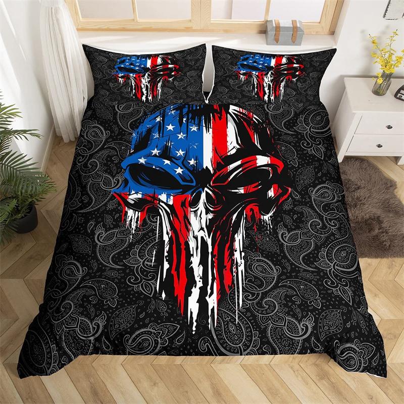 Skull Duvet Cover Set Queen Black Skeleton Paisley Floral Pattern Bedding Set For Teen Adult Polyester Halloween Comforter Cover