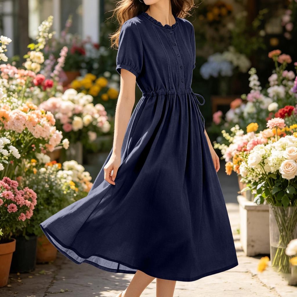 Women Casual Linen Cotton Dress Short Sleeve Shirt Dress with Button Front Waist Drawstring Midi Length Summer Dress