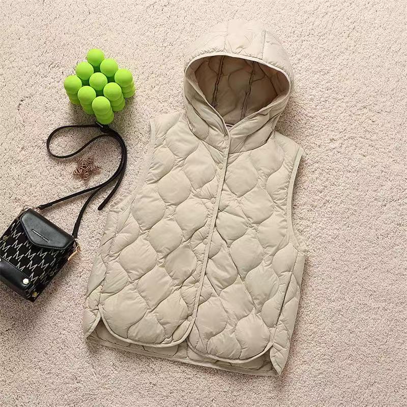 Herbst und Winter Neu Damen Leichte Kapuzen-Daunenweste Rundhalsausschnitt Kurz Warm Entenflaum Tragbar Tanktop Groß