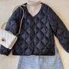 Autumn and winter new wavy quilted cotton clothes women's short stand-up collar light and warm beige liner jacket