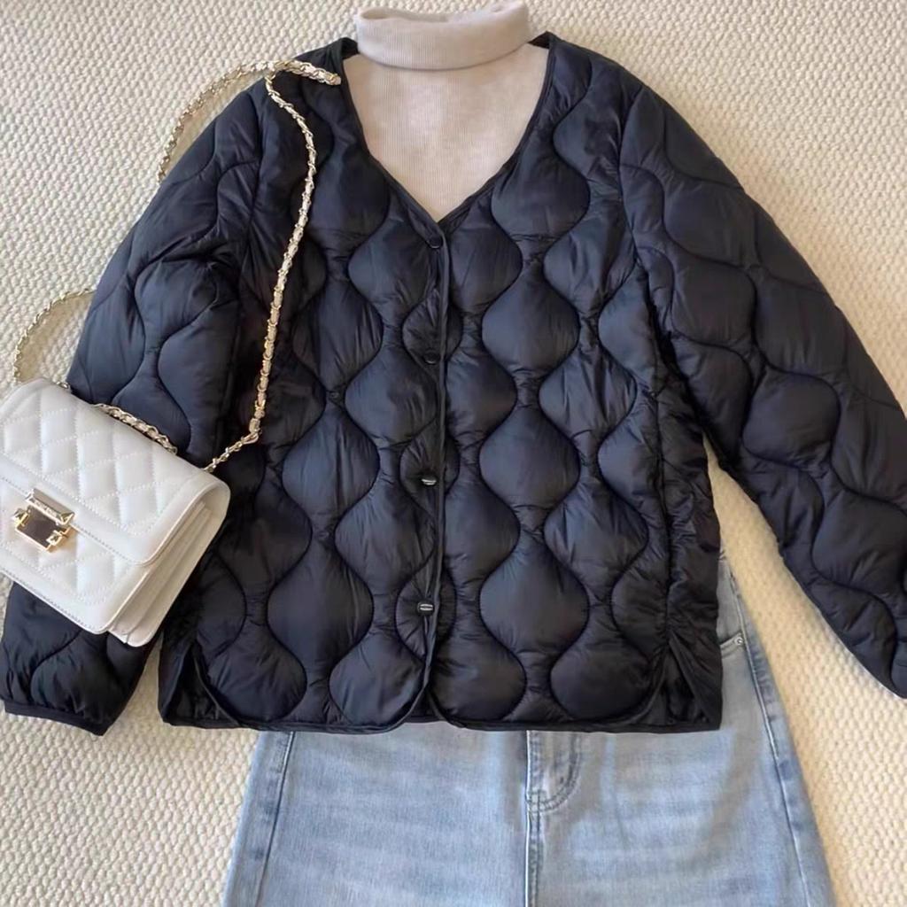 Autumn and winter new wavy quilted cotton clothes women's short stand-up collar light and warm beige liner jacket