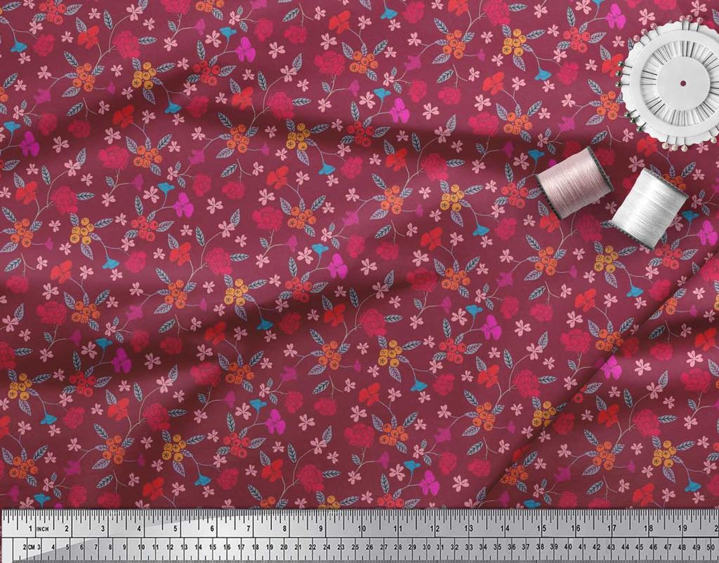 Soimoi Japan Crepe Satin Fabric Berries,Leaves & Floral Artistic Print Fabric by the Metre 42 Inch