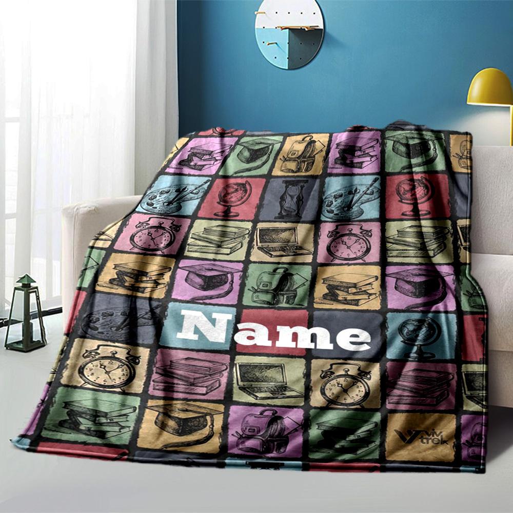 School Supplies Theme Home Customize Your Name Blankets Comfortable Soft Lightweight Allseason Multipurpose Blanket For Picnics Sofas Offices Beds