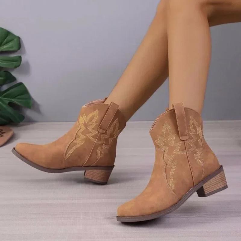 Fashion Women's Boots Retro Embroidery Cowboy Boots Luxury Thick Heels Women Shoes Pointed Toe High Quality Leather Women Ankle Boot New
